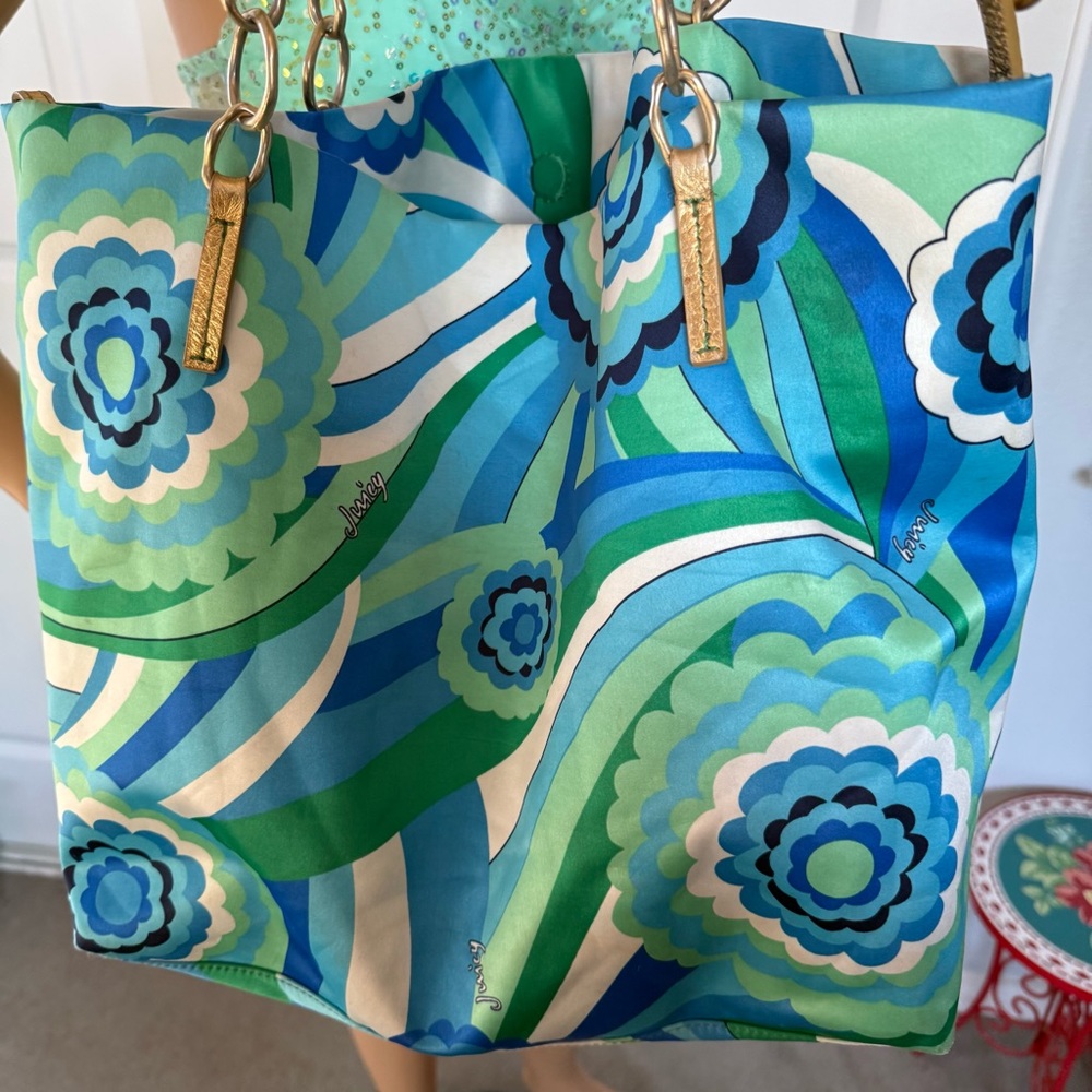 ππ©΅π Vintage G&P Juicy Couture large Gold bag charm tote bag purse blue green - Picture 10 of 15